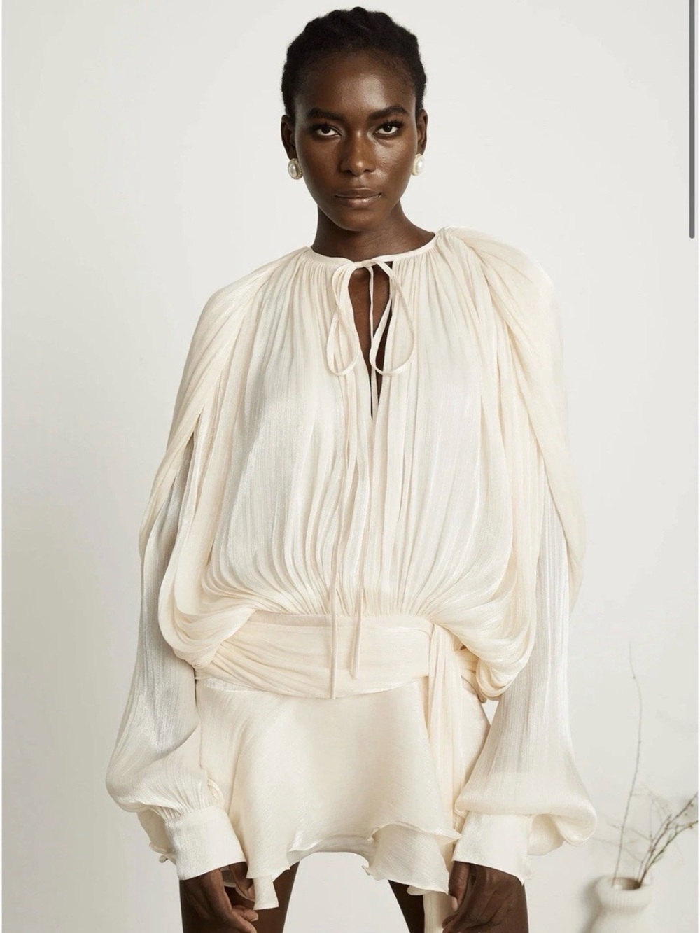 Ivory Mini Dress with Pleated Tie-Neck and Billowy Sleeves